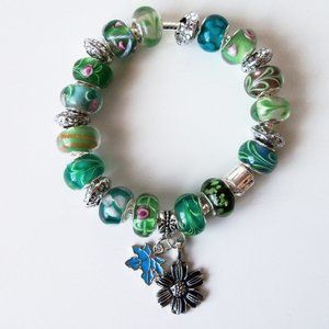 Silver plated green lampwork bracelet (#1048)